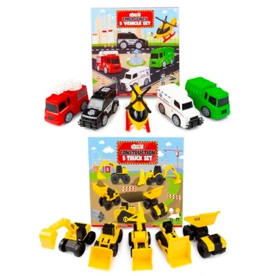 Image of abeec Emergency and Construction Vehicle Toys Bundle 10 Piece Set Including Ambulance, Fire Engine, Police Car, Helicopter, Bulldozer, Excavator, More