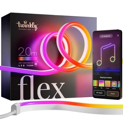Image of Twinkly Flex 2m, LED Tube Multi Color, RGB Strip Flexible, Compatible with Alexa and Google Home, Gaming Lights, 16 M+ Colors, USB C Powered, App Control, White Wire