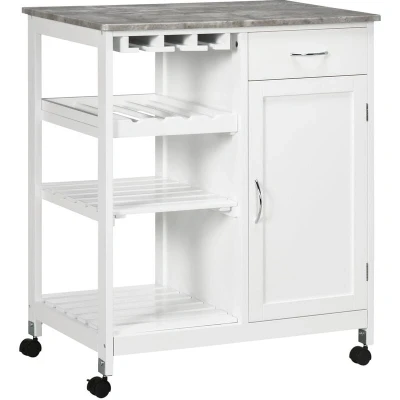 Image of HOMCOM Compact Kitchen Trolley Utility Cart on Wheels with Wine Rack, Drawer, Open Shelf and Storage Cabinet for Dining Room, White
