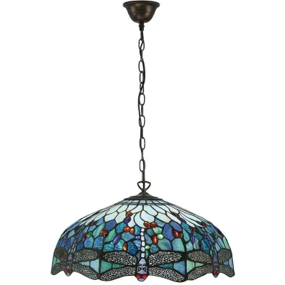 Image of Dragonfly Tiffany 3 Light Large Ceiling Pendant Bronze, Blue