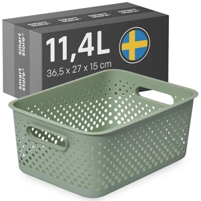 Image of SmartStore Plastic Storage Basket with Handles 11.4L Medium Durable, Recycled &amp; Sustainable Green Home Organizer for Shelves, Kitchen, Bathroom + 10 Year Guarantee, A4 Compatible Bin