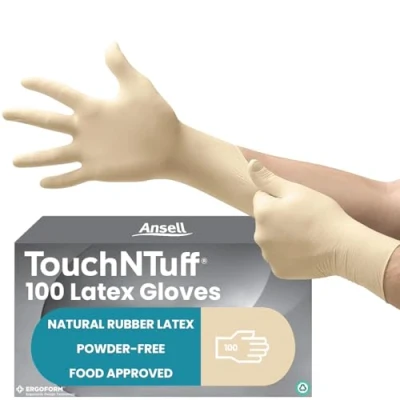 Image of Ansell TouchNTuff 69 318 Disposable Latex Gloves with Textured Fingertips, Powder Free and Food Certified, Multipurpose Professional Gloves, Industrial Safety, White, Size M (100 Gloves)