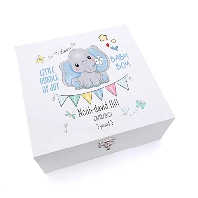 Image of ukgiftstoreonline Personalised Luxury Wooden Baby Boy Keepsake Box Elephant Design