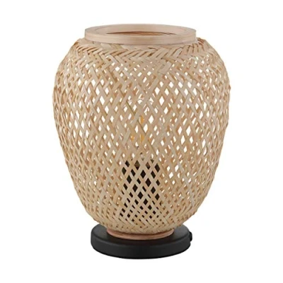 Image of EGLO Bedside lamp Dembleby, side table light in vintage, nature and hygge design, braided living room lighting made of brown wood with switch, E27 socket