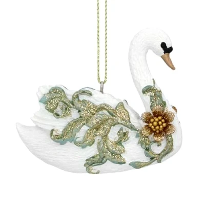 Image of Gisela Graham Resin Cream Gold and Green Rocco Swan Hanging Decoration