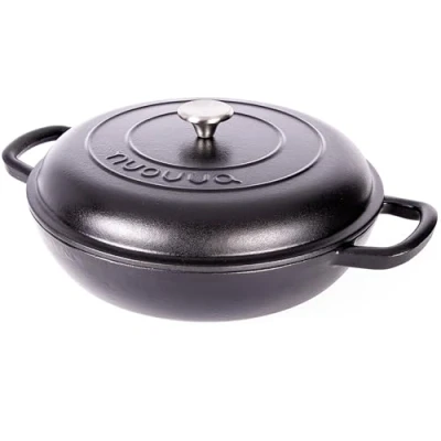 Image of Shallow Cast Iron Casserole with Lid Non Stick Dutch Oven Pot, Safe up to 500 F Sturdy Ovenproof Stockpot Cookware Enamelled Cooking Pot Black, 5 Quart, 32cm by Nuovva