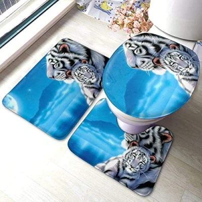 Image of RedBeans Non Slip Bath Mat 3 Piece Flannel Bathroom Rug Set,White Tiger Soft Pedestal Anti Shower Carpet Toilet Cover Set