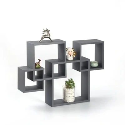Image of KF Premium Interlocking Cube Floating Shelves Modern Wood Wall Shelf Display Bookshelves Hanging Storage for Living Room, Bedroom, Office (Dark Grey)