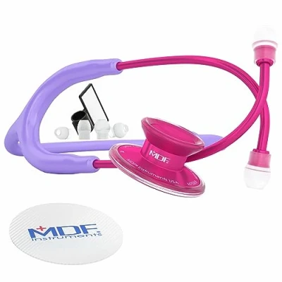 Image of MDF Acoustica Lightweight Stethoscope for Doctors, Nurses, Students, Home Health Use, Adult, Dual Head, Pastel Purple Tube, Pink Alloy Chestpiece Headset, MDF747XPPA07