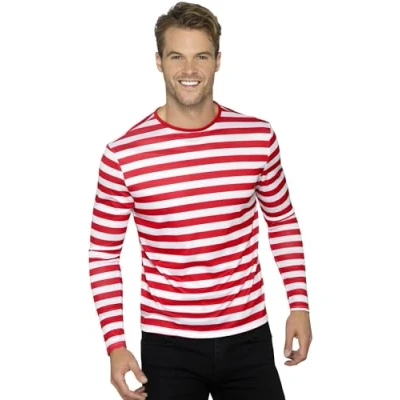 Image of Smiffys Stripy T Shirt, Red with Long Sleeve, Circus Fancy Dress, Adult Dress Up Costumes