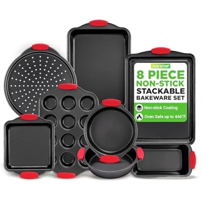 Image of NutriChef Baking Tray Set, Stackable Bakeware Trays, 8 Piece Non Stick Oven Safe Sets, Includes: Cookie Sheets Pan, Loaf Pizza Muffin Tins, Cake Tin, Black w/ Red Silicone Handles