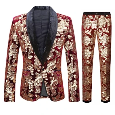 Image of CARFFIV Men Fashionable Floral Pattern Sequins Two Pieces Set Suits (Red Wine, XL)
