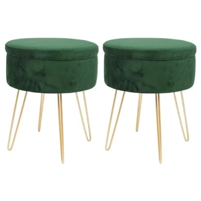 Image of Harbour Housewares 2x Green/Gold H45 x D36cm Round Velvet Storage Footstools Living Room Dressing Table Footstool Ottoman Pouffe Chair Seat