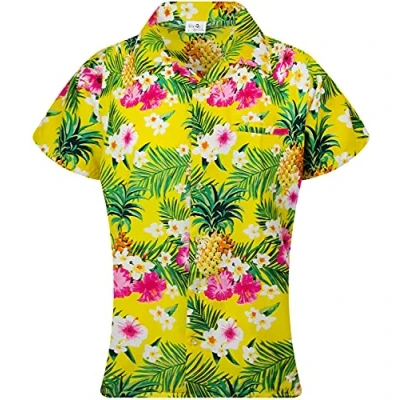 Image of King Kameha Funky Hawaiian Blouse Shirt, Shortsleeve, Print Pineapple Flowers, Yellow, 3XL
