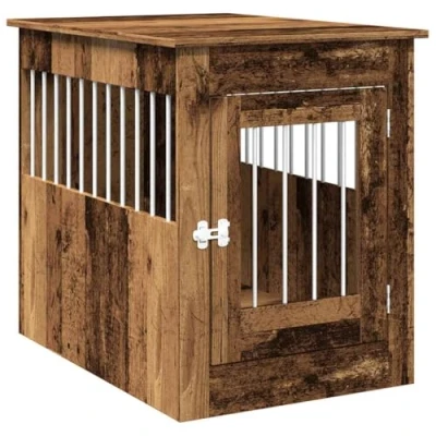 Image of vidaXL Dog Crate Furniture Engineered Wood/Steel Old Wood Brown Small Pet Cage/End Table 55x80x68 cm Living Room/Bedroom Use Secure Latch