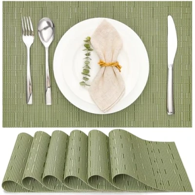 Image of Myir JUN Table Mats Set of 6, Place Placemats Washable Non slip Heat Insulation Woven Vinyl for Kitchen Dinning Restaurant 18&quot;X12&quot; (Green)