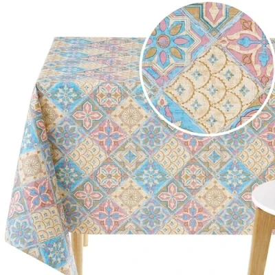 Image of KP HOME Waterproof PVC Table Cloth Rectangular 98x55in250x140cm Portuguese Azulejo Lisbon Tiles Vinyl Tablecloth Rectangle Dinning Plastic Cover Wipe Clean in Bright and Colourful