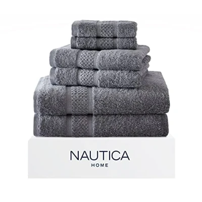 Image of Nautica 6 Piece Bath Towels, Absorbent &amp; Fade Resistant Cotton Towel Set, Fashionable Bathroom Decor, Oeko Tex Certified (Oceane Grey, Piece)