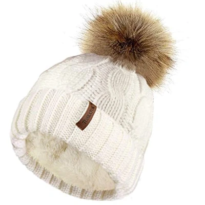 Image of TOSKATOK Ladies Chunky Soft Cable Knit Hat with Cosy Fleece Liner and Detachable Faux Fur Pompom Cream
