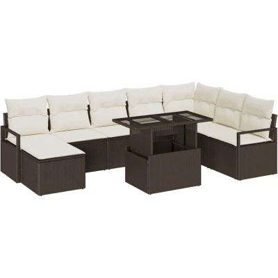Image of vidaXL 9 Piece Garden Sofa Set with Cushions Brown Poly Rattan