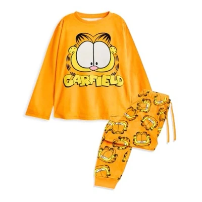 Image of Garfield Kids 2 Piece Pyjama Set Children&#039;s Orange Lazy Cat All Over Print Long Leg Bottoms &amp; Sleeve Night Top Character Face Graphic PJs Cartoon TV Series Merchandise Gift