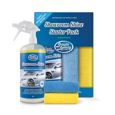 Image of Greased Lightning Showroom Shine Waterless Car Wash and Wax, Easy Fast, No Water, Premium Shine, Protects Cleans, For Cars, Caravans, Motorbikes 1 Litre &amp; 2 Cloths