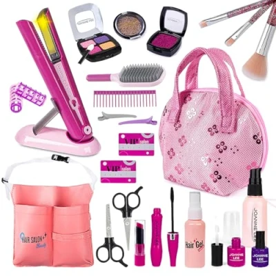 Image of Koolbitz 26PCs Kids Beauty Parlour Salon Role Pretend Playset Hair Styling &amp; Makeup Kit with Pink Cosmetic Bag, Straightener, Brushes, Scissors Accessories Fun Activity Game for Girls