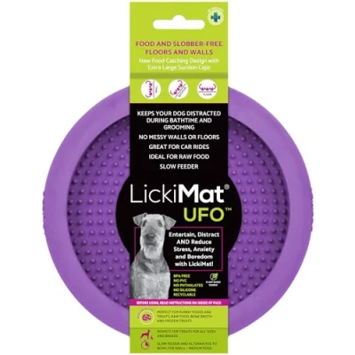 Image of New LickiMat UFO Bathing, Shower &amp; Grooming Distractor. Natural Rubber Large Soother Licking Nubs soft and runny treats. Unique Food Dribble Catcher Design. Slow Feeder Dog Bowl. (Purple)