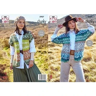 Image of King Cole 5907 Knitting Pattern Womens Cardigan and Waistcoat in Nordic Chunky, 32&#039;&#039; 50&#039;&#039;