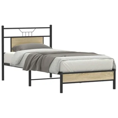 Image of vidaXL bed frame 90x190cm engineered wood/steel single with storage sonoma oak