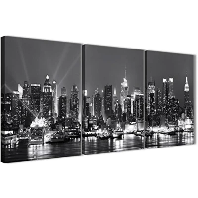 Image of Wallfillers 3 Panel Landscape Canvas Wall Art New York Hudson River Skyline 3435 Black White Grey 126cm Set of Prints