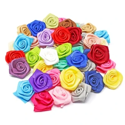 Image of Multi Coloured 25mm Satin Ribbon Rose Flowers Decorative Craft (50)
