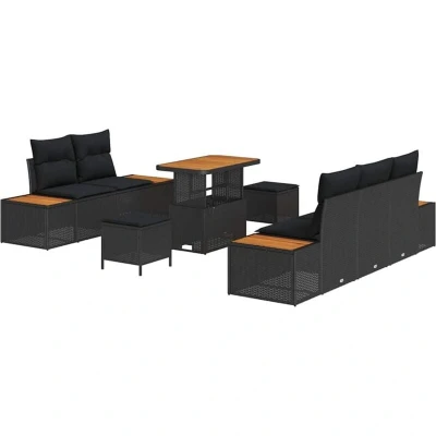 Image of vidaXL 8 Piece Garden Sofa Set with Cushions Black Poly Rattan Acacia