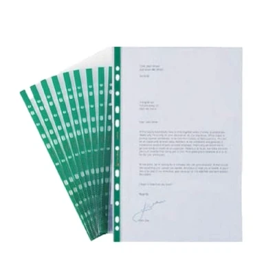 Image of 2 UR DOOR Pack of 25 Deluxe Glass Clear A4 Punched Pockets with Anti Glare Finish Document Protection and Stylish Presentation Multi Green Spine Durable 60 Micron Functional