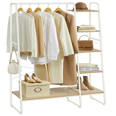 Image of VASAGLE Clothes Rail, Rack with Shoe Shelf, 5 Tier Storage Rack, 6 Side Hooks, for Bedroom, Living Room, Natural Oak and White RGR116W09