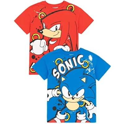 Image of Sonic The Hedgehog Kids T Shirt Pack Of 2 Blue and Red Knuckles Graphic Tee for Boys &amp; Girls Short Sleeve Multicoloured Multi Gaming Top Set Gamer Merchandise Gift Bundle Children