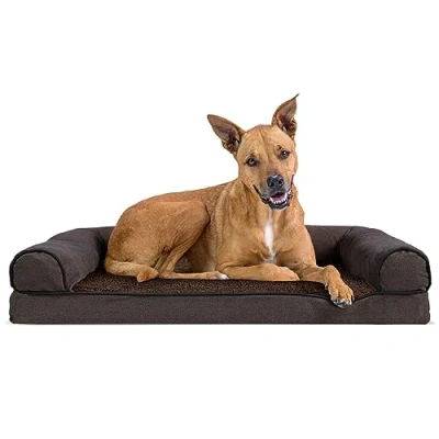 Image of Furhaven Large Orthopedic Dog Bed Sherpa &amp; Chenille Sofa Style w/Removable Washable Cover Coffee,