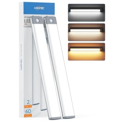 Image of HIBOITEC 60 LED Closet Light 3 Color Temperature Stepless Dimming, Motion Sensor Cupboard Lights Indoor, Rechargeable Battery Powered Wardrobe for Kitchen Stairs Hallway(2 Pack)