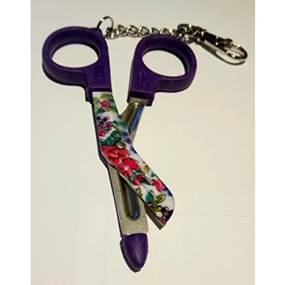 Image of Mini Nurses Utility Scissors with &#039;Classic Flowers&#039; Pattern Printed Blades Belt Clip Lilac Handle