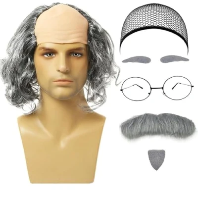 Image of UILYNIU 7 Pcs Bald Wig Set Men&#039;s Fancy Dress Grandpa Men with Fake Beard Eyebrows Cap Glasses Costume Accessories for Party Night Show Cosplay Halloween (Grey Curly)