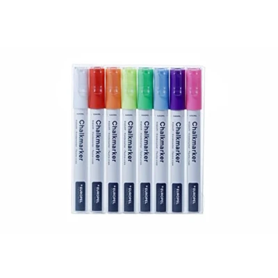 Image of Europel Chalk Marker 3 mm Mixed Colours PVC Case Pack of 8 Red Purple Blue Orange Pink Yellow Green White Reversible Round Tips and Chisel Tip