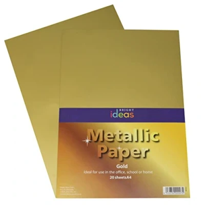 Image of Bright Ideas Metallic Paper Gold. Sheet Size: A4. 29.7cm x 21cm, Pack of 20. 135gsm Stationery for Arts and Crafts, Ideal Schools, Home Crafting Kids Scrapbooking. BI0002.