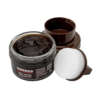 Image of Tarrago Self Shine Cream Kit 50 ml Nourishing of Natural Waxes For Shining Leather, Smooth, or Synthetic Leather Footwear With Sponge Applicator ((39) Medium Brown)