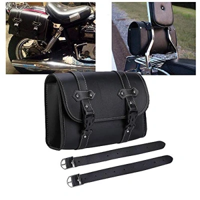 Image of Krtopo Motorcycle Saddle Bag PU Leather Tool Roll Motor Side Luggage Travel Tail with 2 Mounting Straps Black