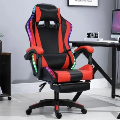 Image of yoakaiax Gaming Chair High Back Computer with Bluetooth compatible Speakers and RGB LED Lights, Ergonomic Massage Height Adjustable, Video Game Lumbar Support (Black &amp; Red)