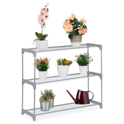 Image of Relaxdays Plant Rack, 3, Stand for Flowers &amp; Pots, Metal Plastic, HWD: 72x91x28 cm, Shelving Herbs, Grey, Steel