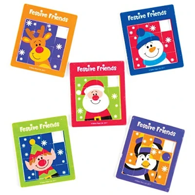 Image of Baker Ross AV825 Elf Festive Friends Mini Sliding Puzzle Games Value Pack — Christmas Novelty Toys for Kids, Perfect Party, Loot, Prize Bag and Stocking Filler (Pack of 5), Assorted, 1