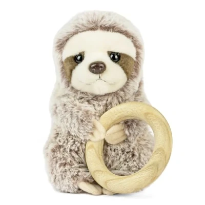 Image of Living Nature Baby Sloth Stuffed Animal Plush Toy Includes Teething Ring Fluffy And Cuddly Jungle Soft Gift for Newborns Babies Naturli Eco Friendly, Brown