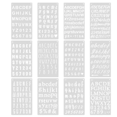 Image of Letter Stencils, 12 Pcs Alphabet Number Stencil Letters for Crafts Reusable Assorted Styles Templates Painting Scrapbook