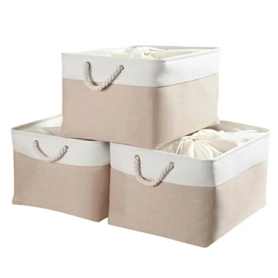 Image of Mangata Extra Large Storage Box set of 3, Canvas Fabric Baskets with Handles for Cupboards, Wardrobe, Shelves, Bathroom, Clothes, Toys, Towel (Foldable, Khaki White)
